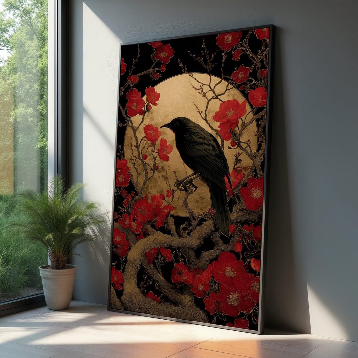 Black Crow Red Blossoms Golden Moon Japanese Style Art Poster