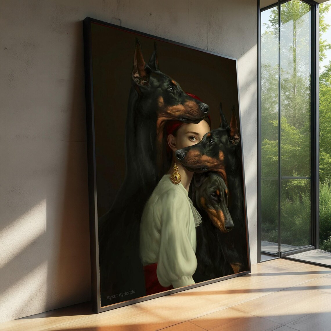 Elegant Woman With Doberman Dogs, Surreal Portrait Art Print