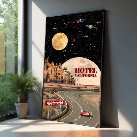 Surreal Hotel Canvas Wall Art Vintage Road Trip Scene Cosmic Moon And Stars Retro Car Illustration Desert