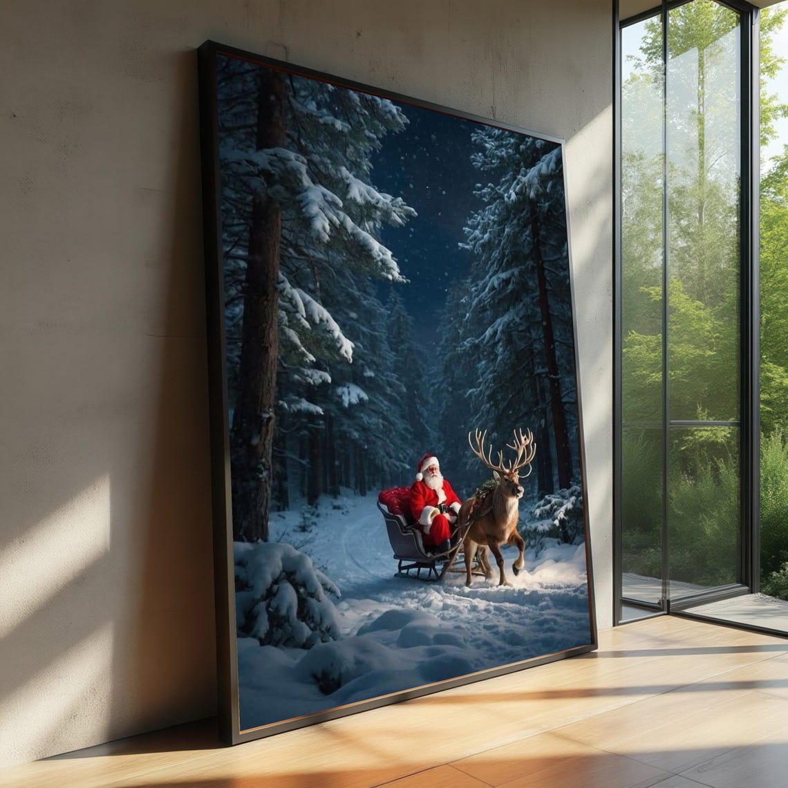 Santa Claus Sleigh Reindeer Snowy Pine Forest Night Scene Poster