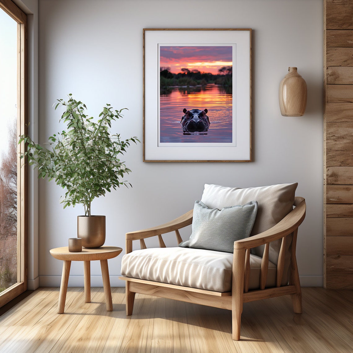 Lone Hippo Rising at a Pink Purple Sunset Over Still Water Poster - Image 3