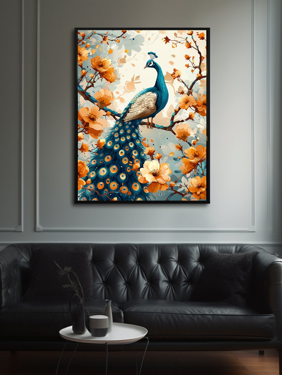 Blue Peacock Surrounded by Amber Blossoms on a Golden Branch Poster