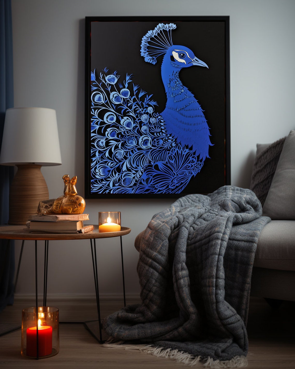 Royal Blue Peacock in Intricate Paper Cut Silhouette on Black Poster - Image 2