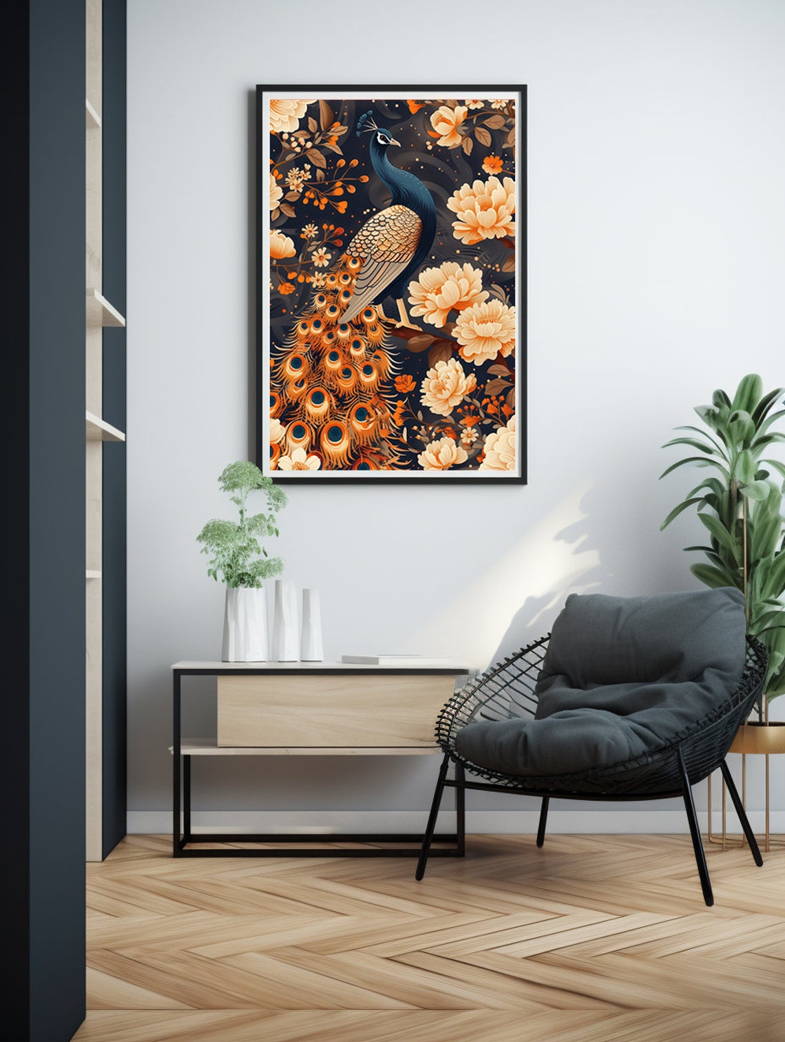 Peacock Among Cream Peonies and Blossoms on Dark Navy Poster - Image 6
