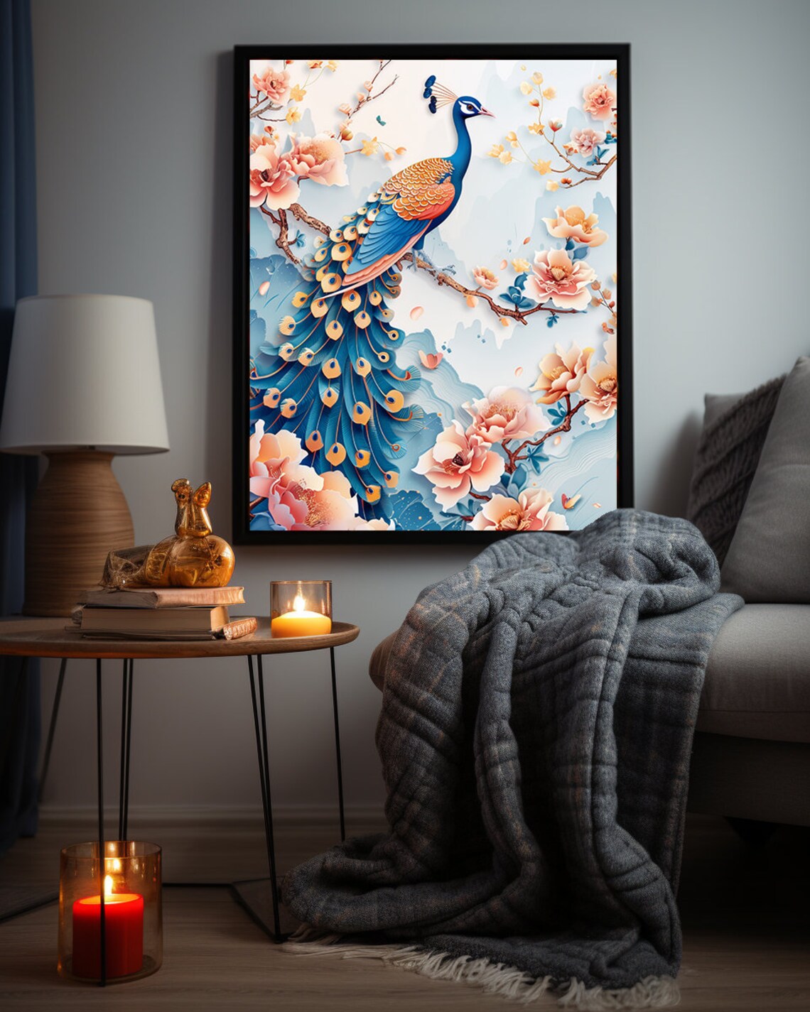 Peacock on a Flowering Branch in Delicate 3D Paper Art Poster - Image 7