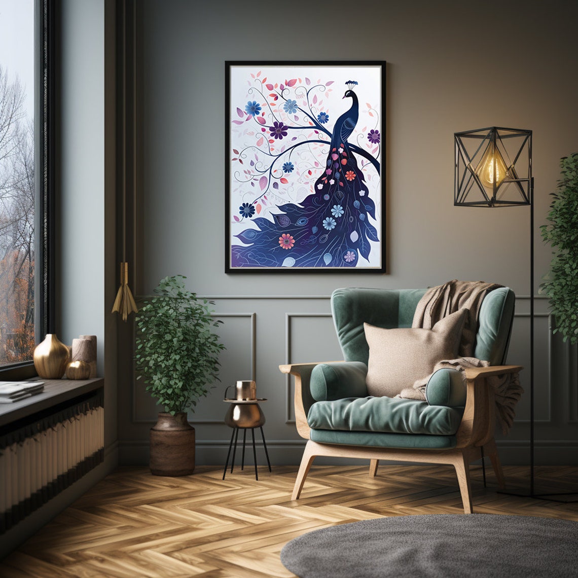 Indigo Peacock Silhouette Wrapped in Swirling Floral Vines Poster - Image 4