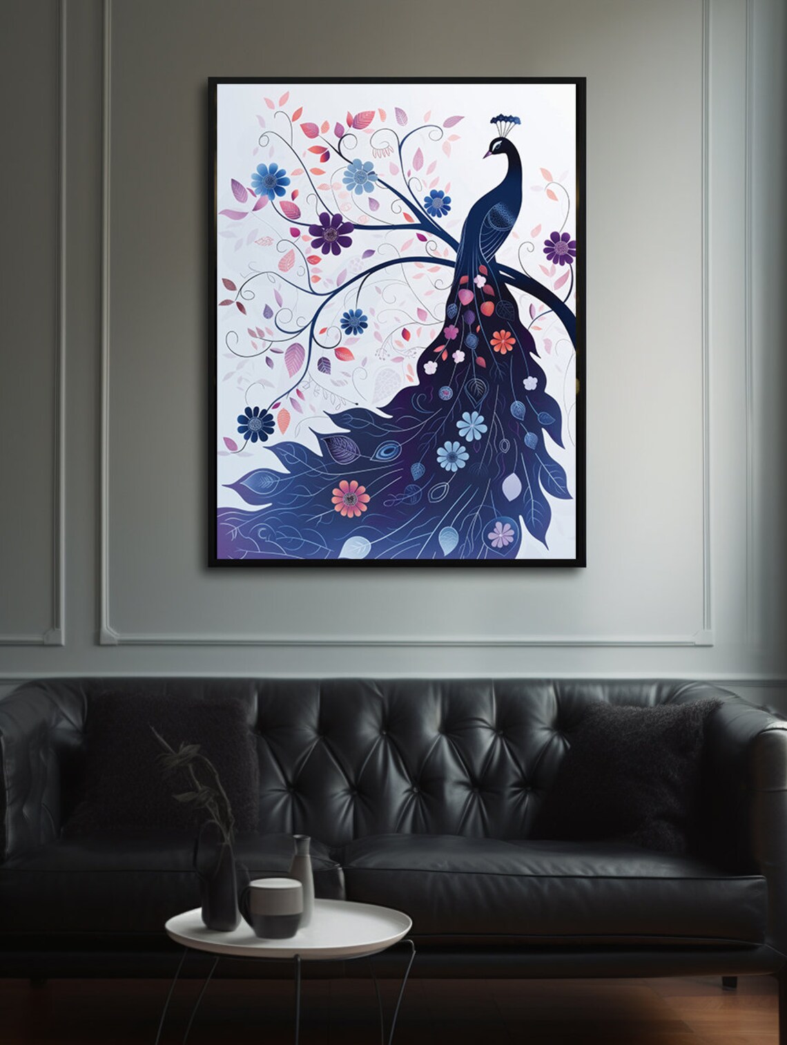 Indigo Peacock Silhouette Wrapped in Swirling Floral Vines Poster