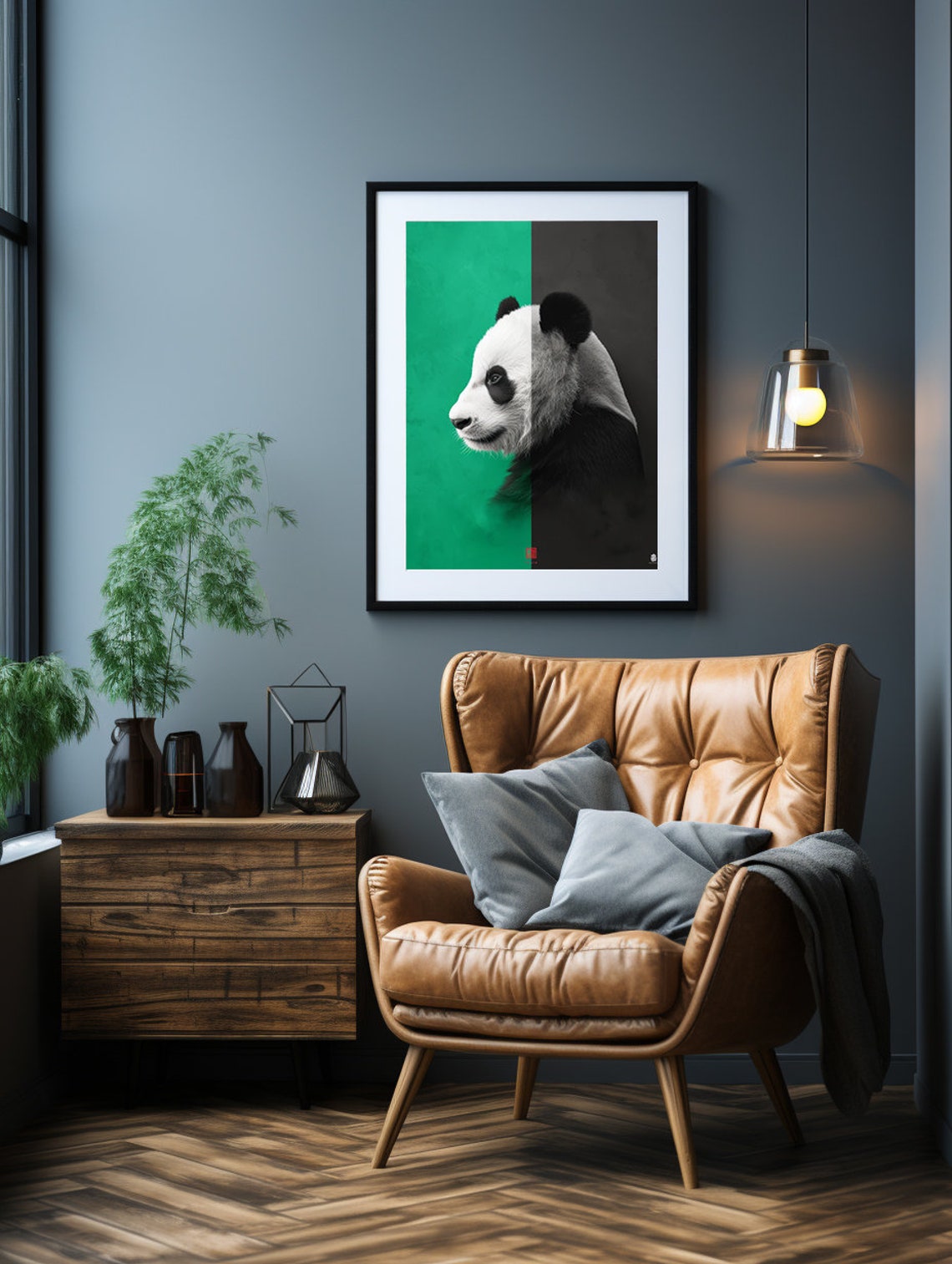 Panda Profile Against a Split Green and Black Modern Background Poster - Image 2