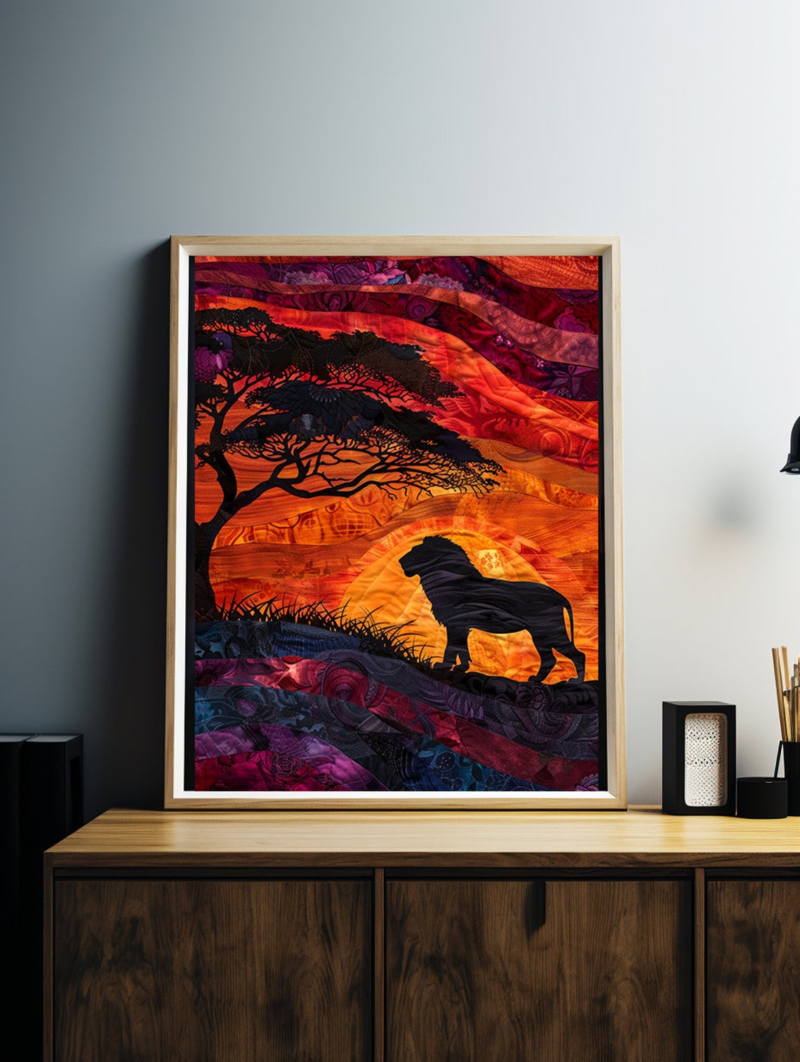 Lion Silhouette at Sunset in a Layered Paper Cut Savanna Poster