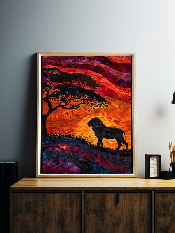 Lion Silhouette at Sunset in a Layered Paper Cut Savanna Poster