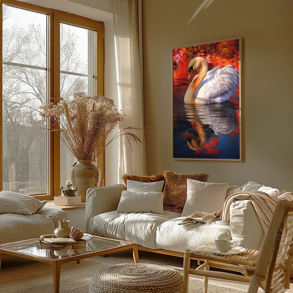 White Swan Reflection Gliding on Golden Sunset Waters Poster - Image 2