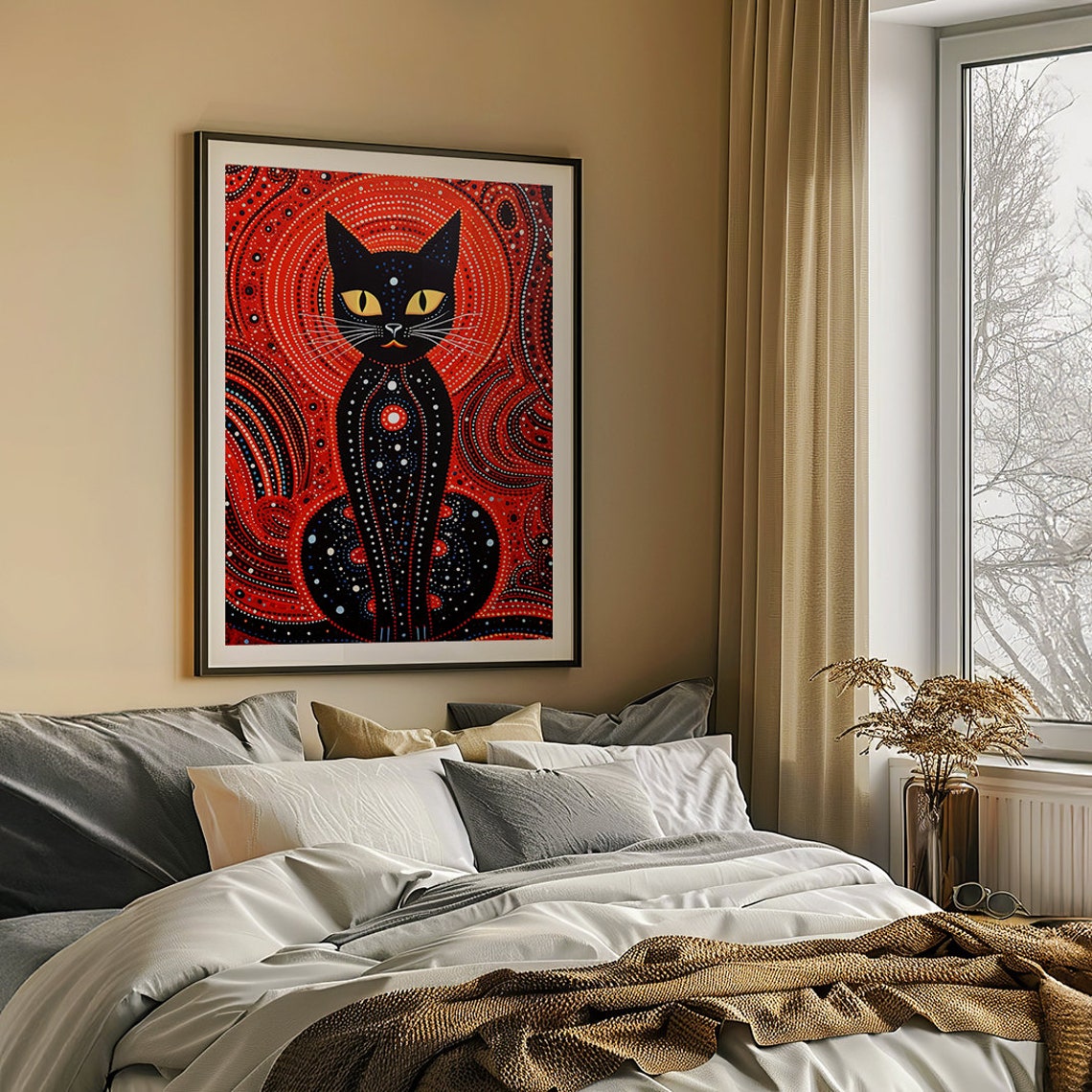 Black Cat on a Red Aboriginal Dot Painting Background Poster - Image 2