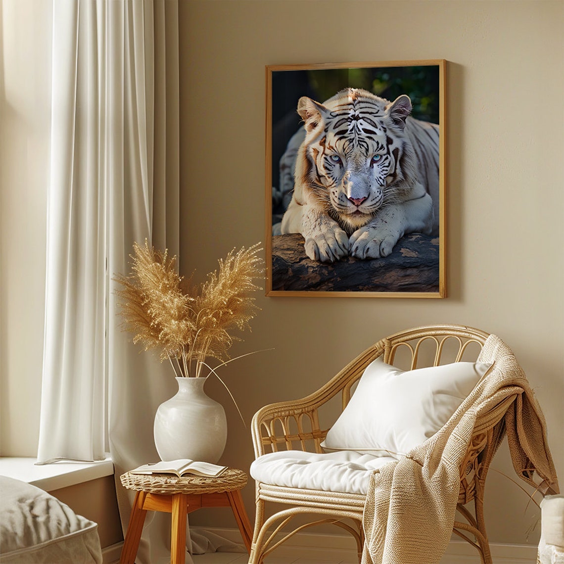 Albino White Tiger Portrait Lying Majestically on a Rock Poster - Image 3