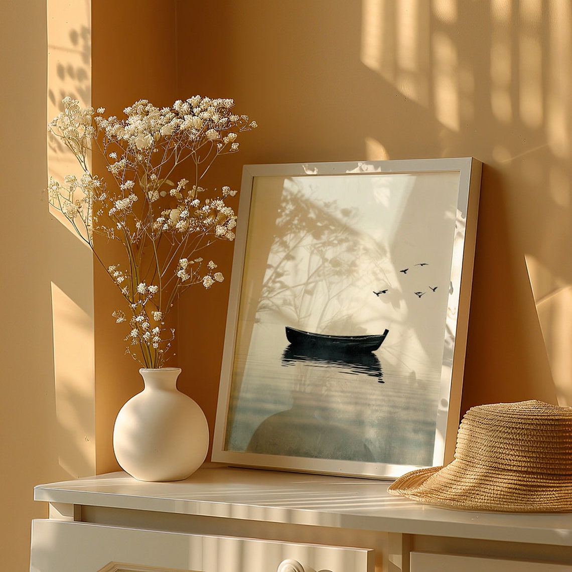 Minimalist Rowboat Floating on a Still Lake in Sepia Tones Poster - Image 6