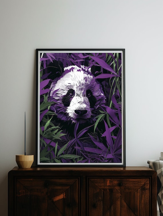 Paper Cut Panda Face Emerging from Purple Bamboo Leaves Poster
