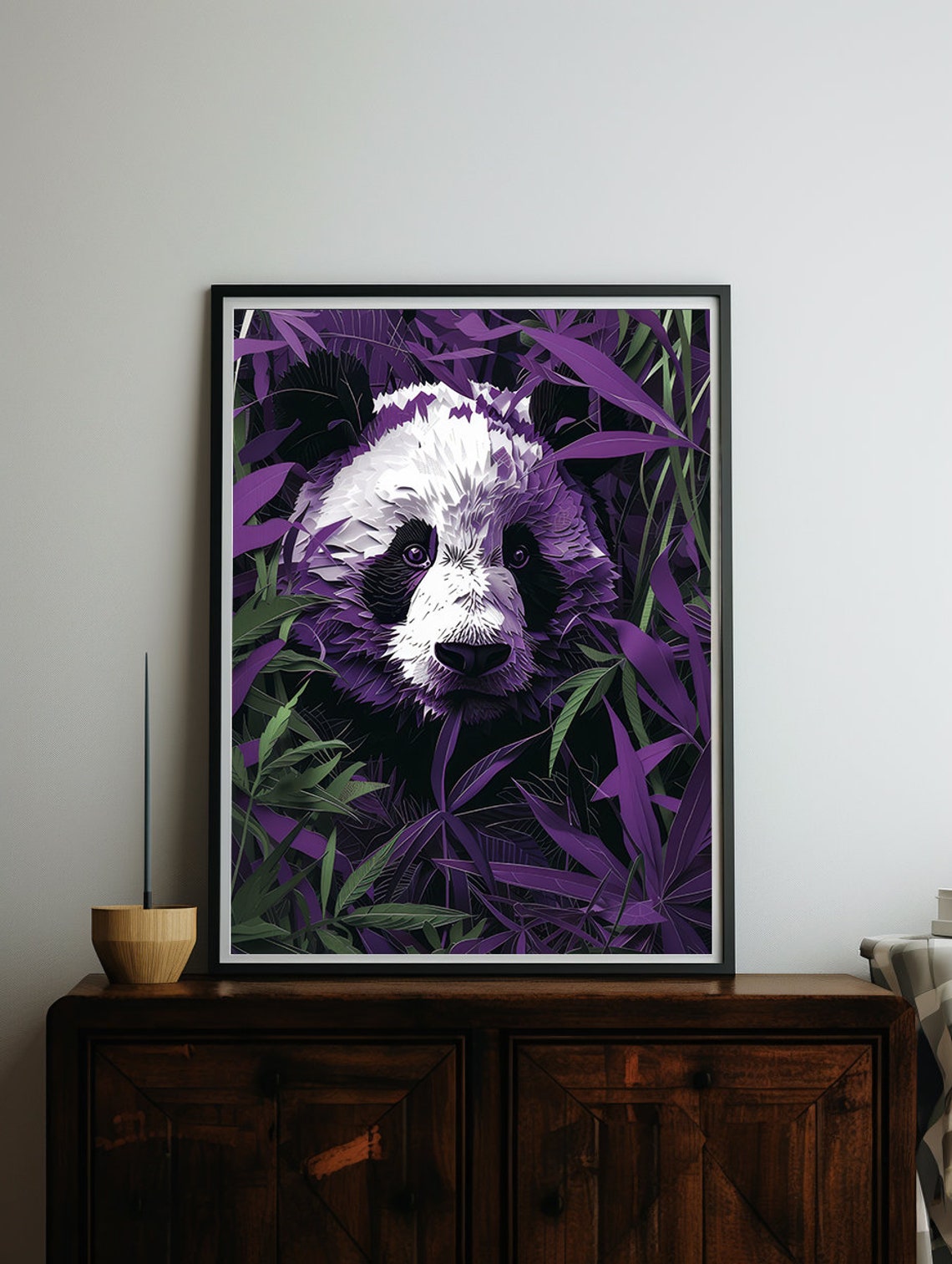 Paper Cut Panda Face Emerging from Purple Bamboo Leaves Poster