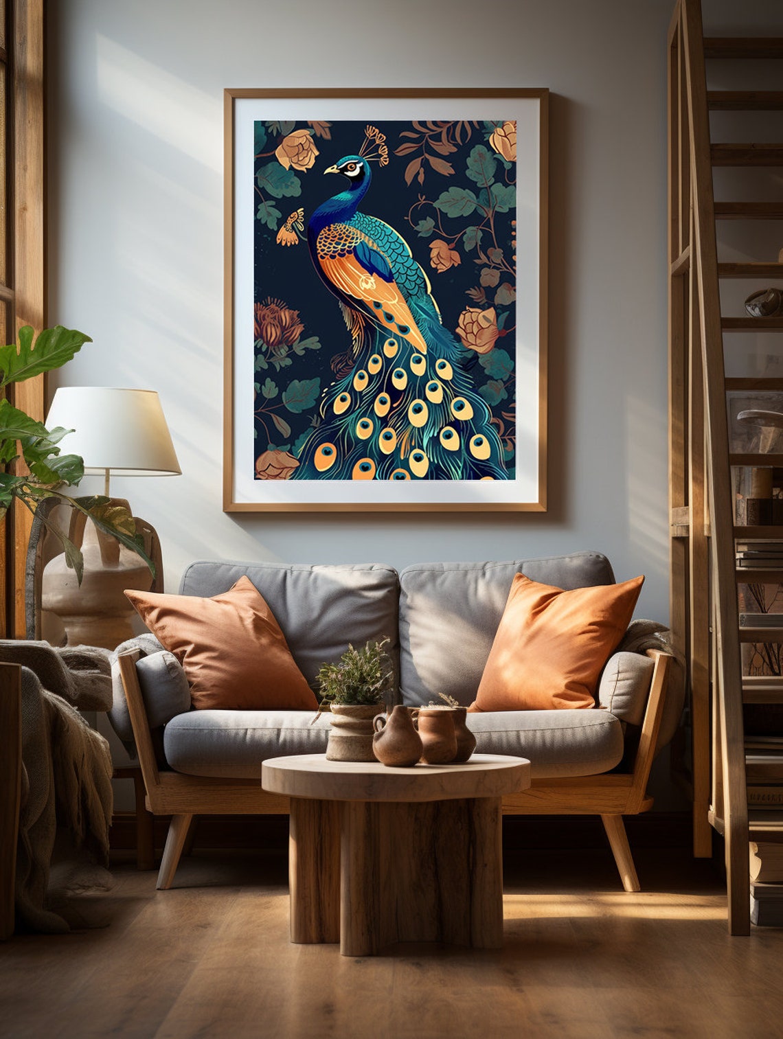 Blue and Orange Peacock Standing in a Lush Botanical Garden Poster - Image 2