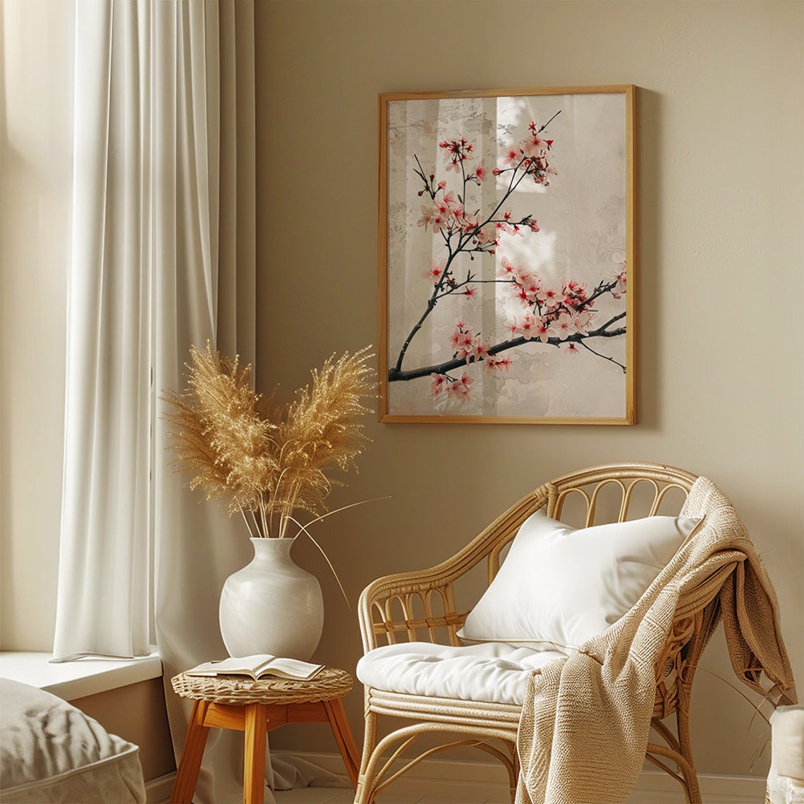 Delicate Pink Cherry Blossom Branch on Soft Vintage Paper Poster - Image 3