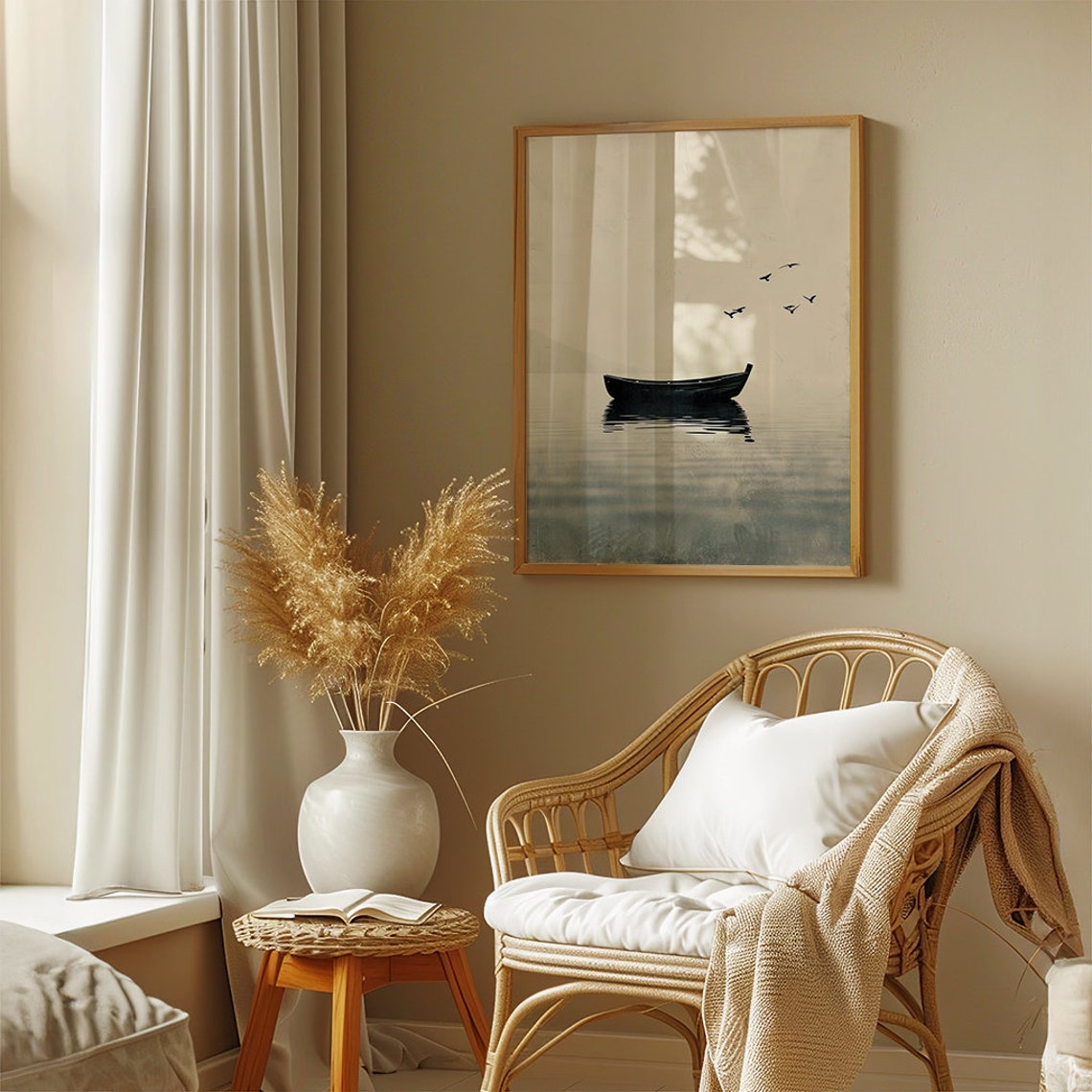 Minimalist Rowboat Floating on a Still Lake in Sepia Tones Poster - Image 3