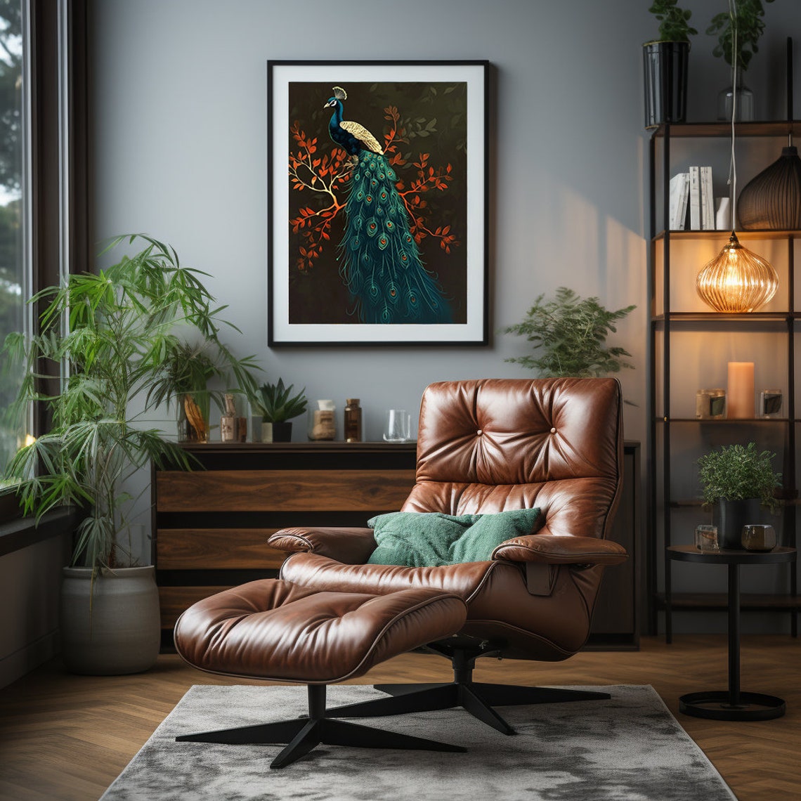Teal Peacock Perched on a Scarlet Branch Against the Dark Poster - Image 4
