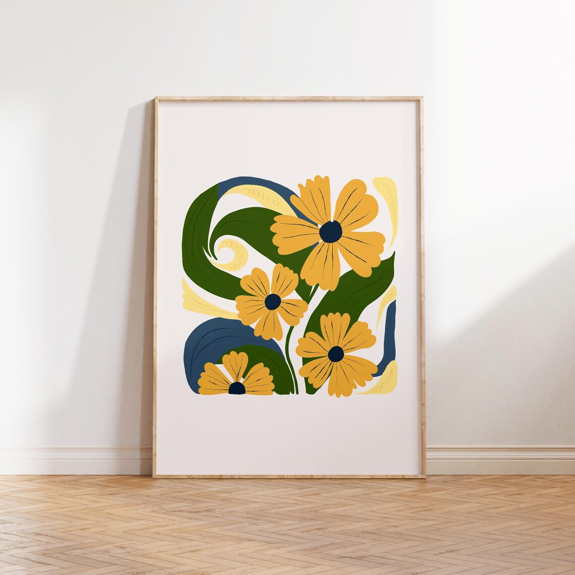 Yellow Abstract Daisies Green Modern Floral Retro Botanical Poster