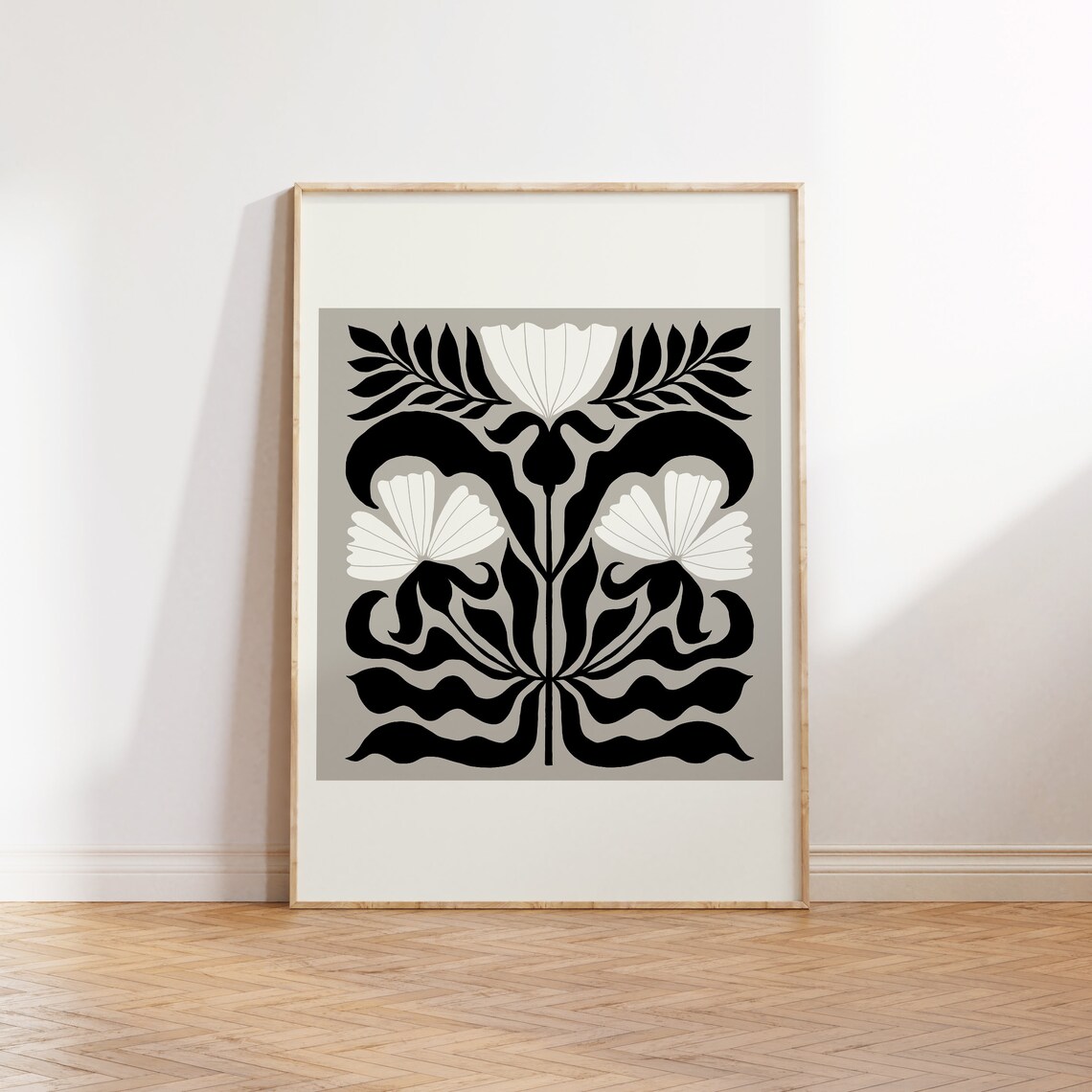 Dark Flowers Botanical Black White Wall Art Print