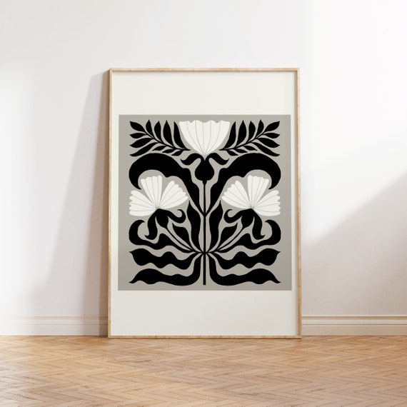 Dark Flowers Botanical Black White Wall Art Print