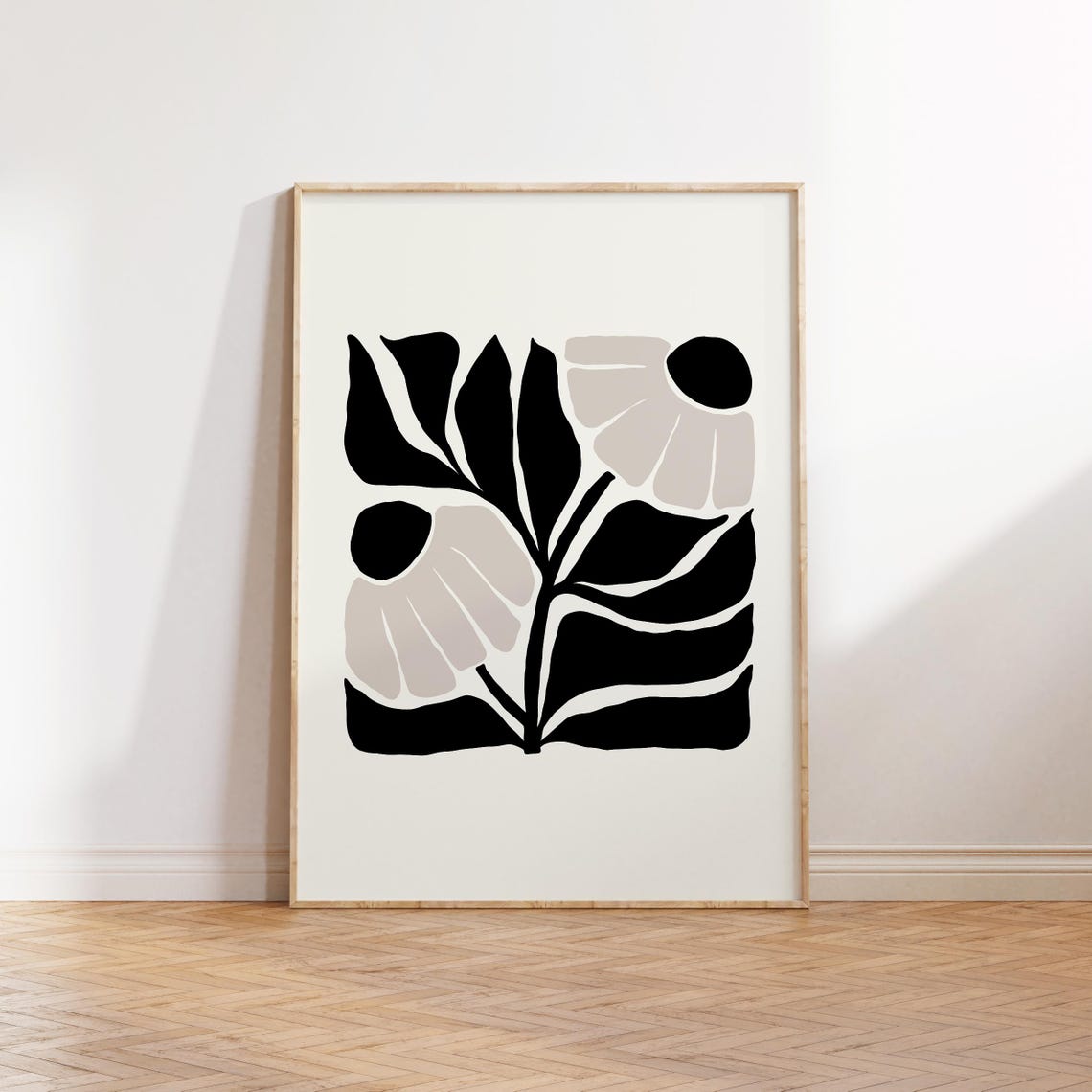 Abstract Daisies Black Beige Minimalist Modern Botanical Wall Art