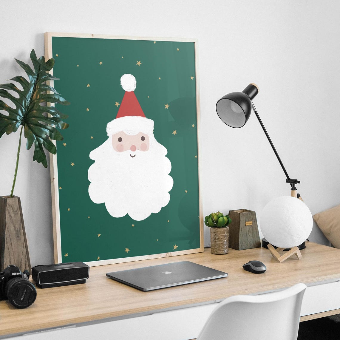 Sweet Smiling Santa Face on Green with Gold Stars Christmas Print - Image 2