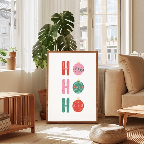Ho Ho Ho Bauble Lettering Pastel Ornaments Holiday Art Print