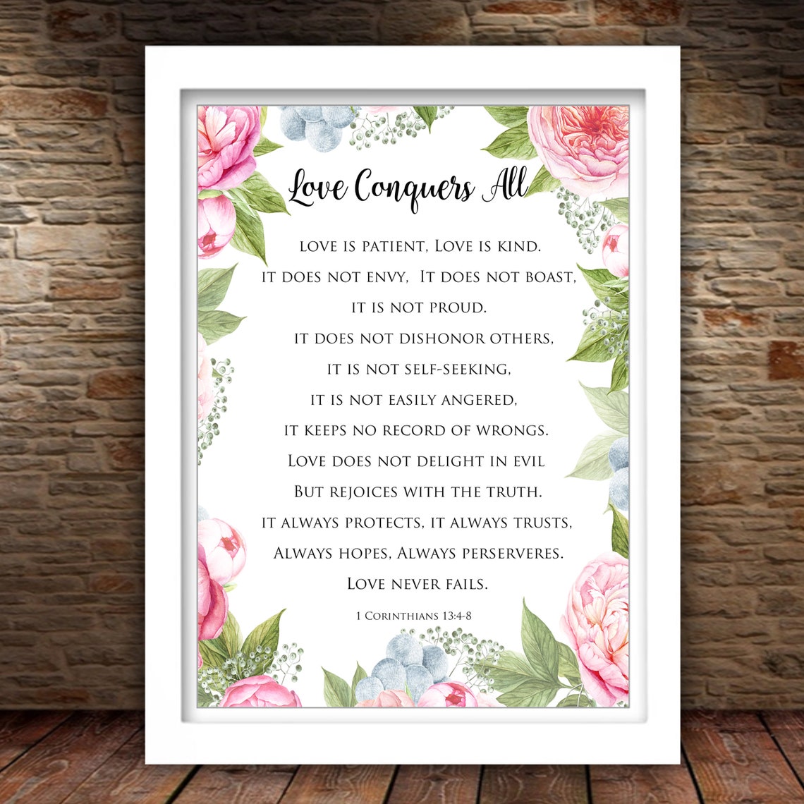Love Conquers All 1 Corinthians 1348 Floral Scripture Wedding Wall Art - Image 2