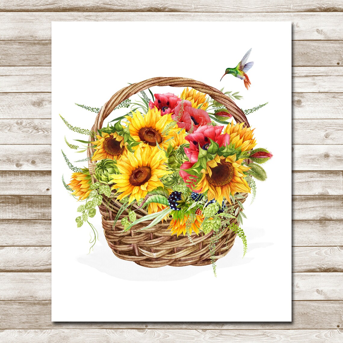 Sunflower Basket Poppies Hummingbird Summer Floral Art Print - Image 4