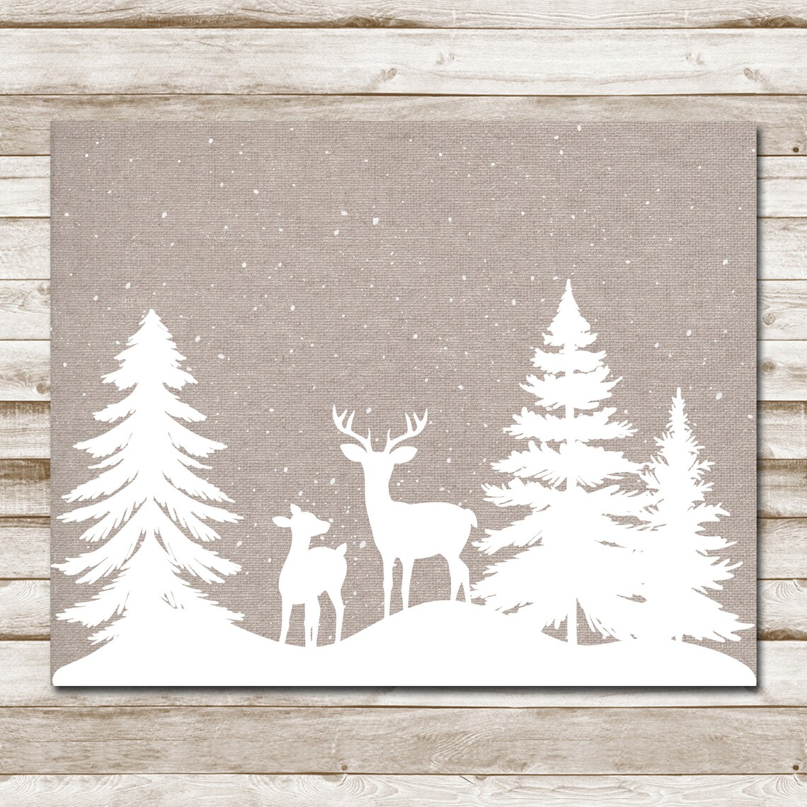 Deer Silhouettes In Snow White On Taupe Winter Woodland Scene Poster - Image 9