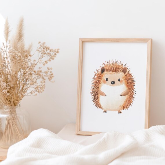 Cute Smiling Hedgehog Watercolor Forest Animal Nursery Poster