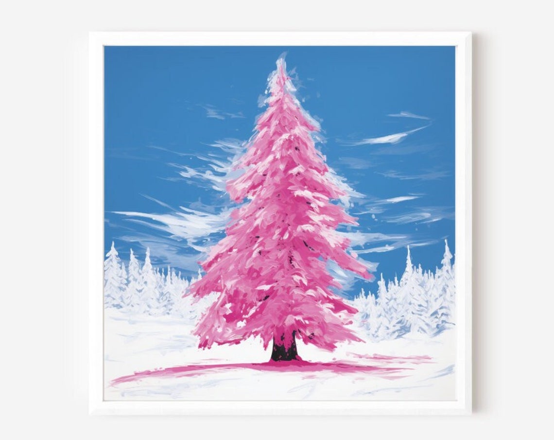 Pink Christmas Tree Pop Art Winter Snow Scene Colorful Poster