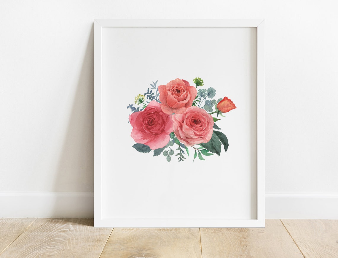 Coral Pink Roses Watercolor Bouquet Soft Spring Floral Wall Art