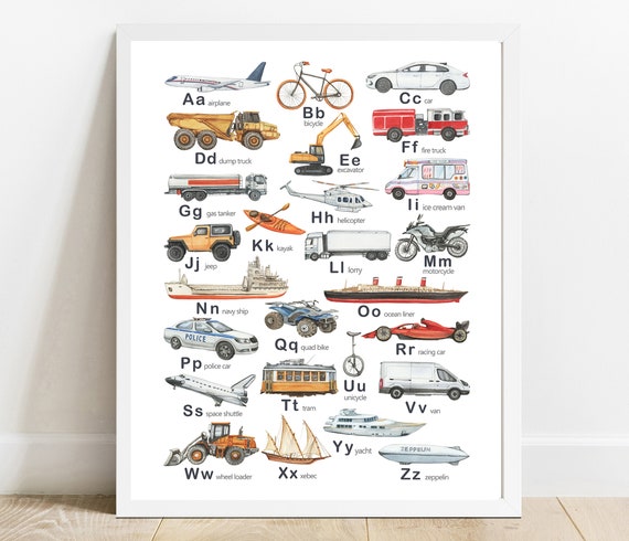 Vehicle Alphabet Poster Transport Abc Nursery Prints