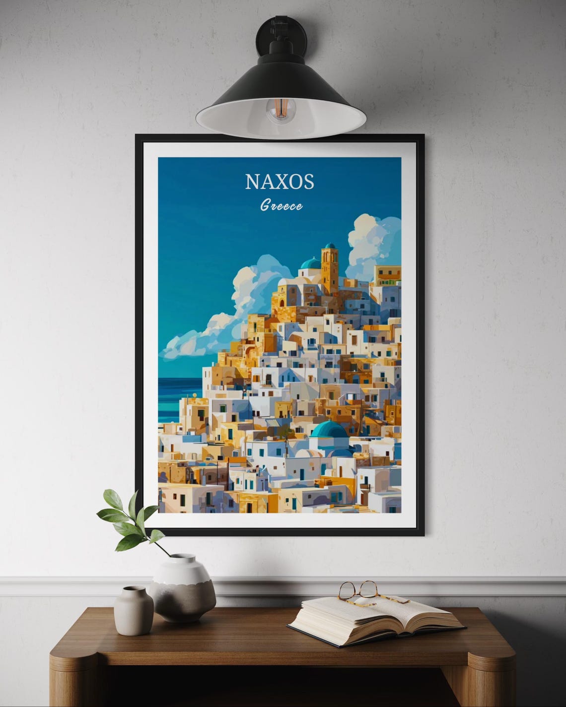 Naxos Greece Hillside Village Blue Domes Aegean Travel Poster