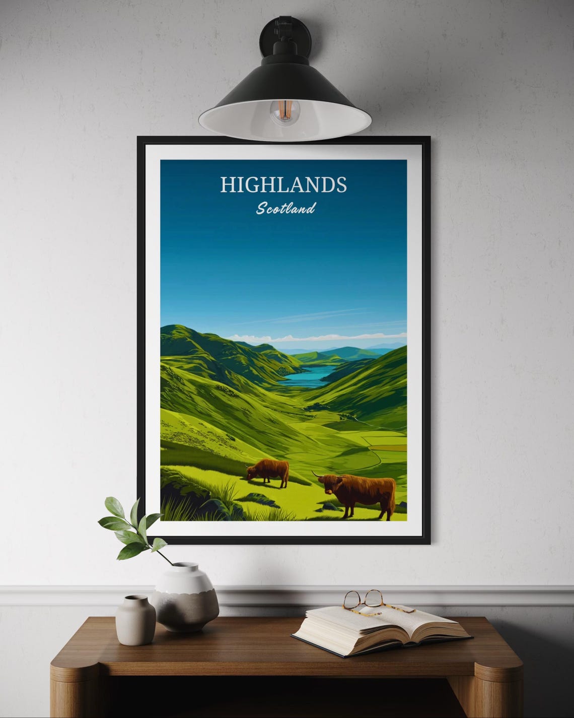 Scottish Highlands Mountain Cows Green Valley Travel Poster Artwork
