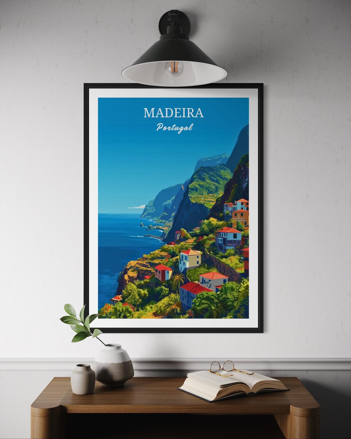 Madeira Portugal Coastal Village Cliffside Vintage Style Travel Poster