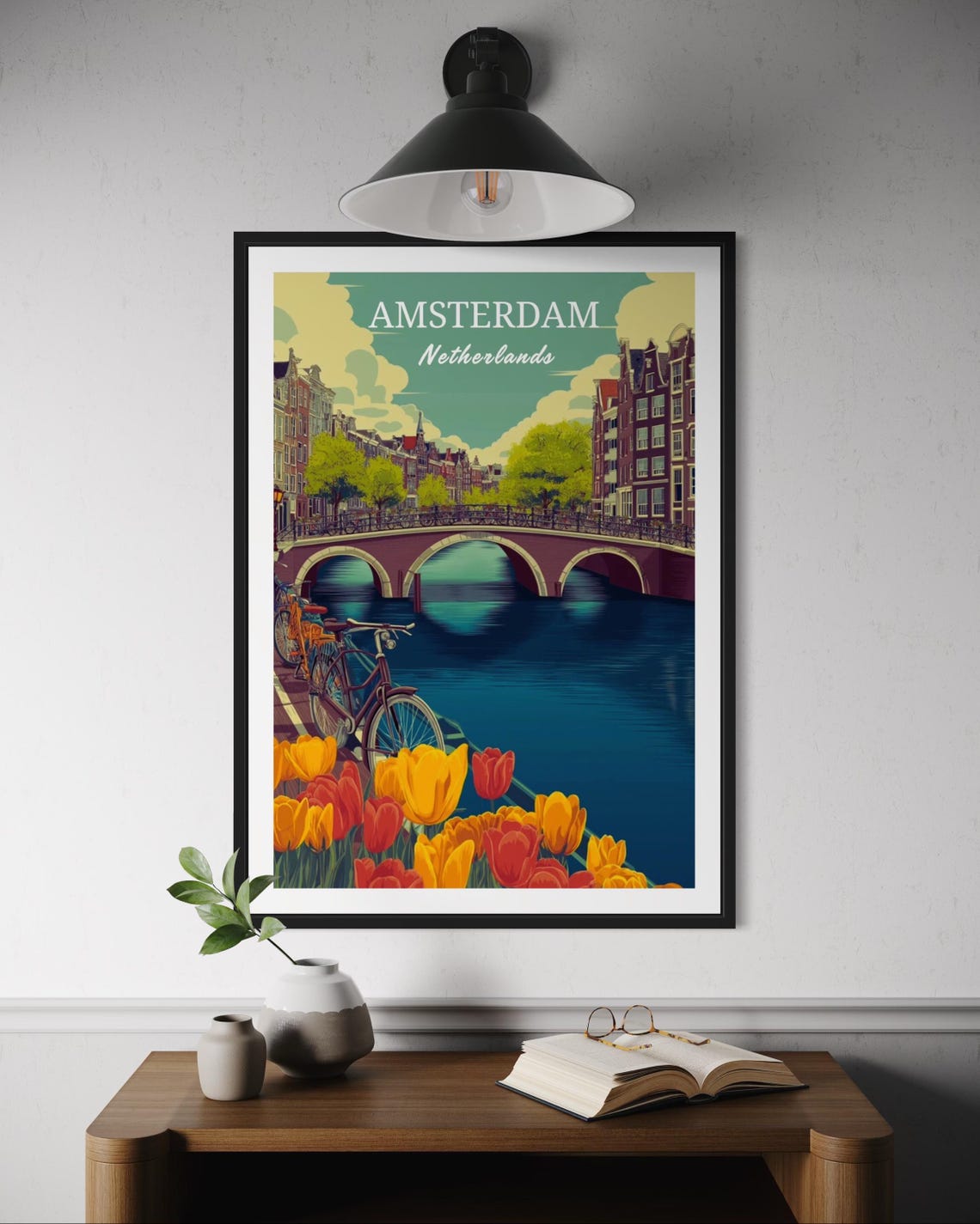 Amsterdam Netherlands Canal Bridge Tulips Bikes Vintage Travel Poster