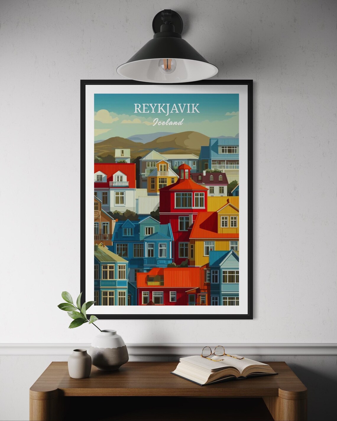Reykjavik Iceland Travel Poster Colorful Houses Wall Art Nordic Cityscape Print Coastal Town Decor Scandinavian Landscape Artwork