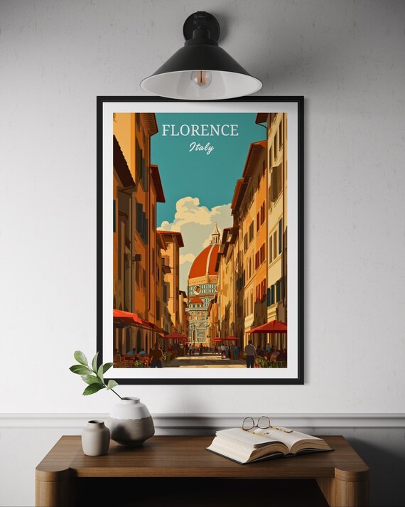 Florence Italy Duomo Street View Red Dome Vintage City Poster