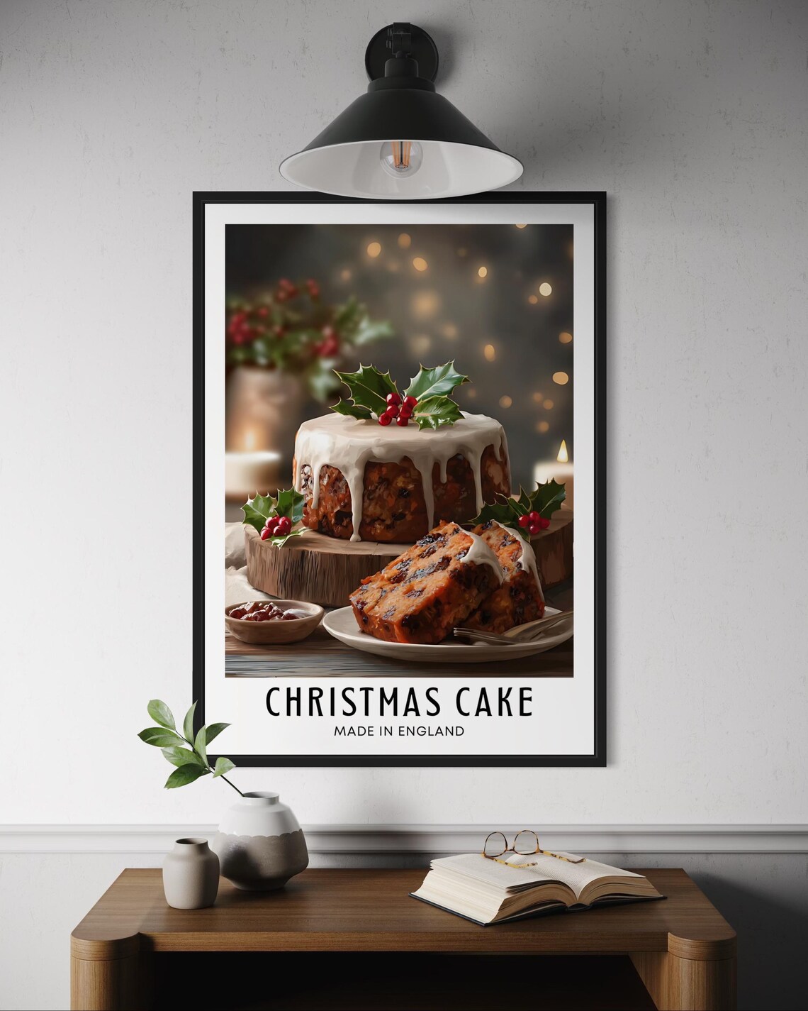 Christmas Cake English Iced Fruit Cake Holly Candlelight Holiday Poster