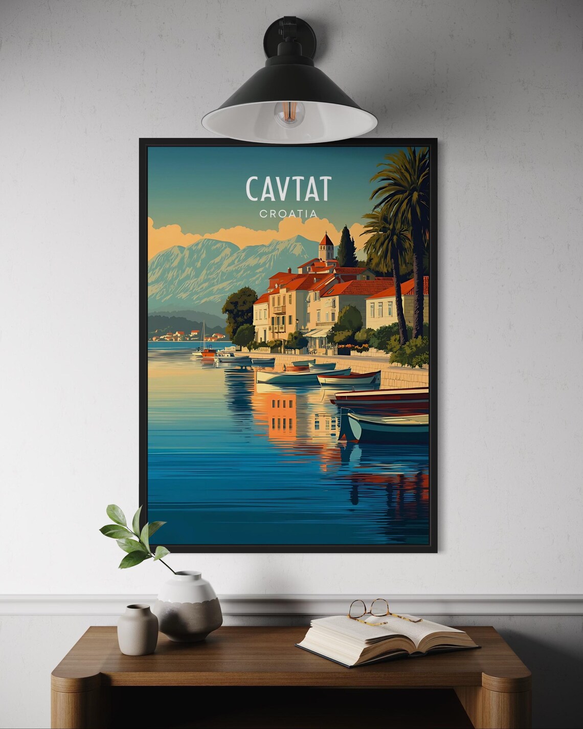 Cavtat Croatia Adriatic Harbor Boats Palm Trees Sunset Illustration Poster