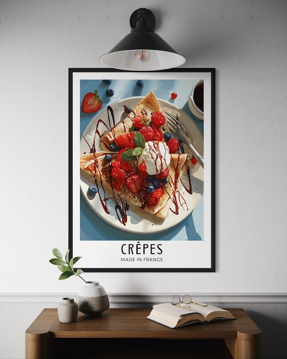 Crepes Poster French Dessert Wall Art Sweet Pastry Illustration Cafe Food France Europe Chocolate Berries