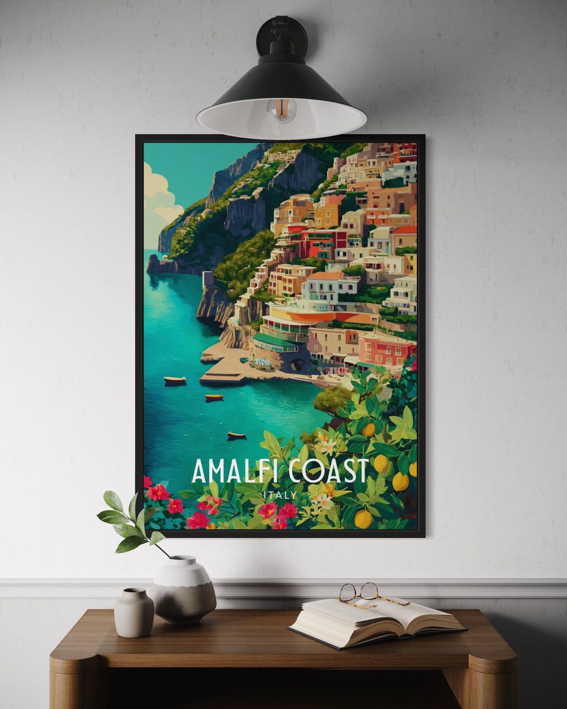 Amalfi Coast Italy Seaside Cliffs Blooming Flowers Travel Poster Art