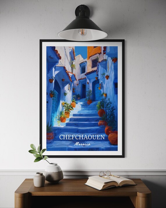 Chefchaouen Morocco Travel Poster Blue Stairwell Scene With White Houses Plants Moroccan Wall Art City Print