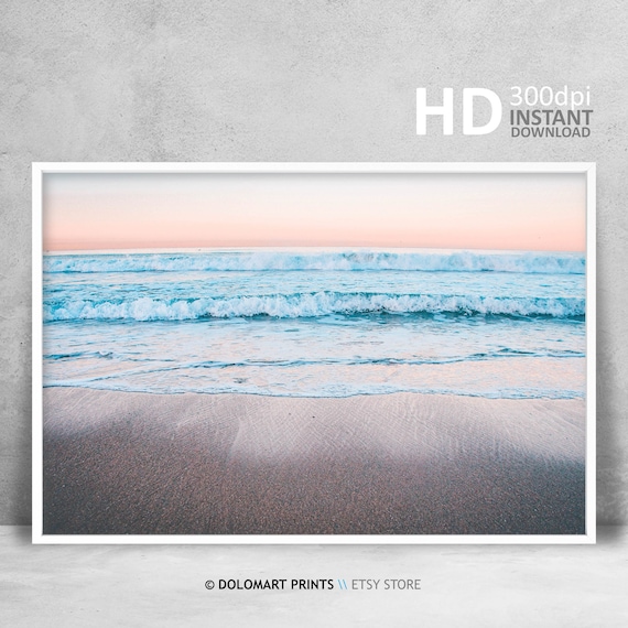 Soft Pastel Waves Rolling Toward Shore at Dawn Beach Photography Poster