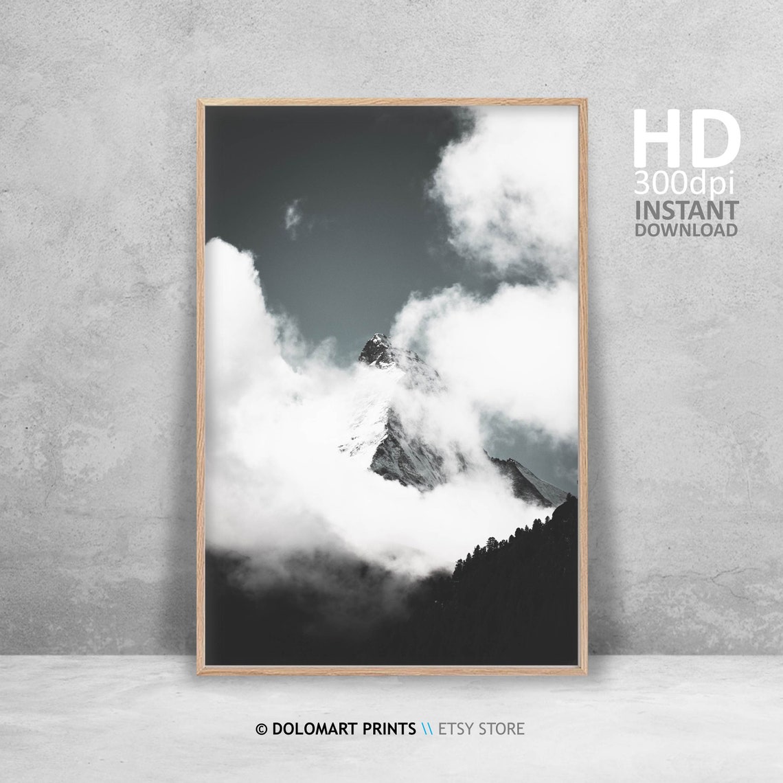 Snowy Mountain Peak Emerging From Clouds Black And White Poster - Image 4